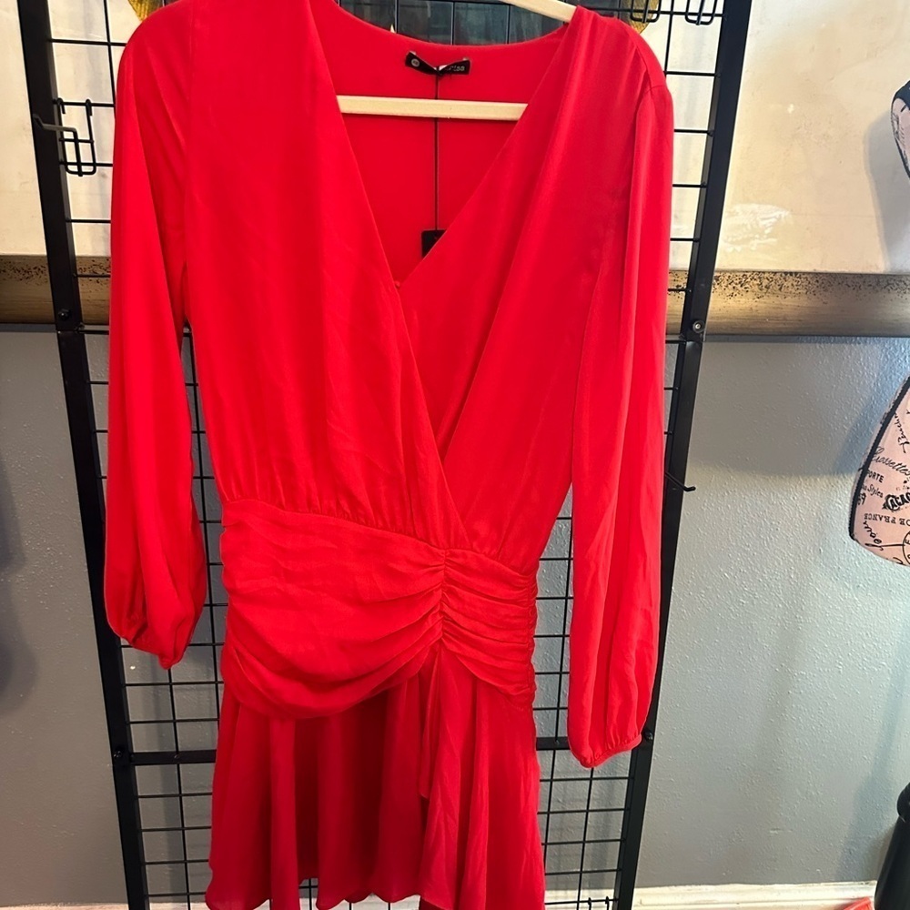 Red Ruched Wrap Midi Dress with Bishop Sleeves. Revolve brand
